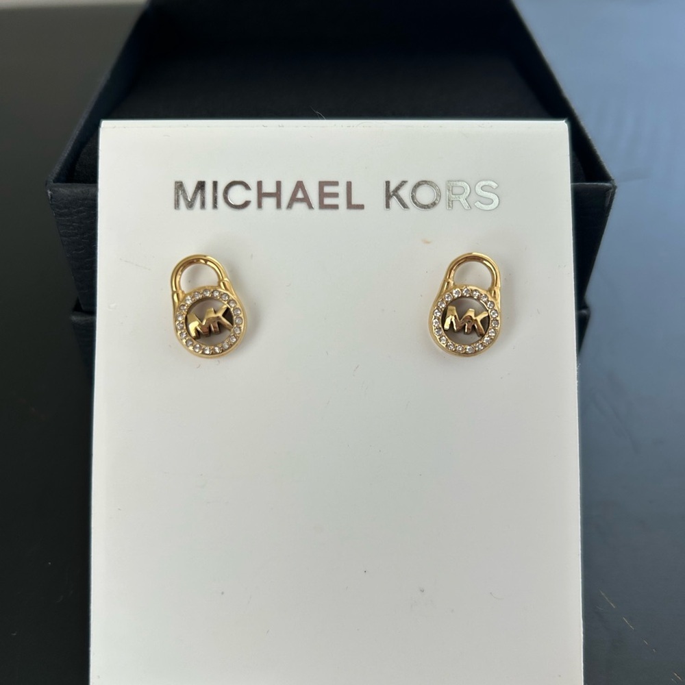 Michael Kors Gold Padlock Pave Crystal Stud Earrings NWT - Picture 2 of 5